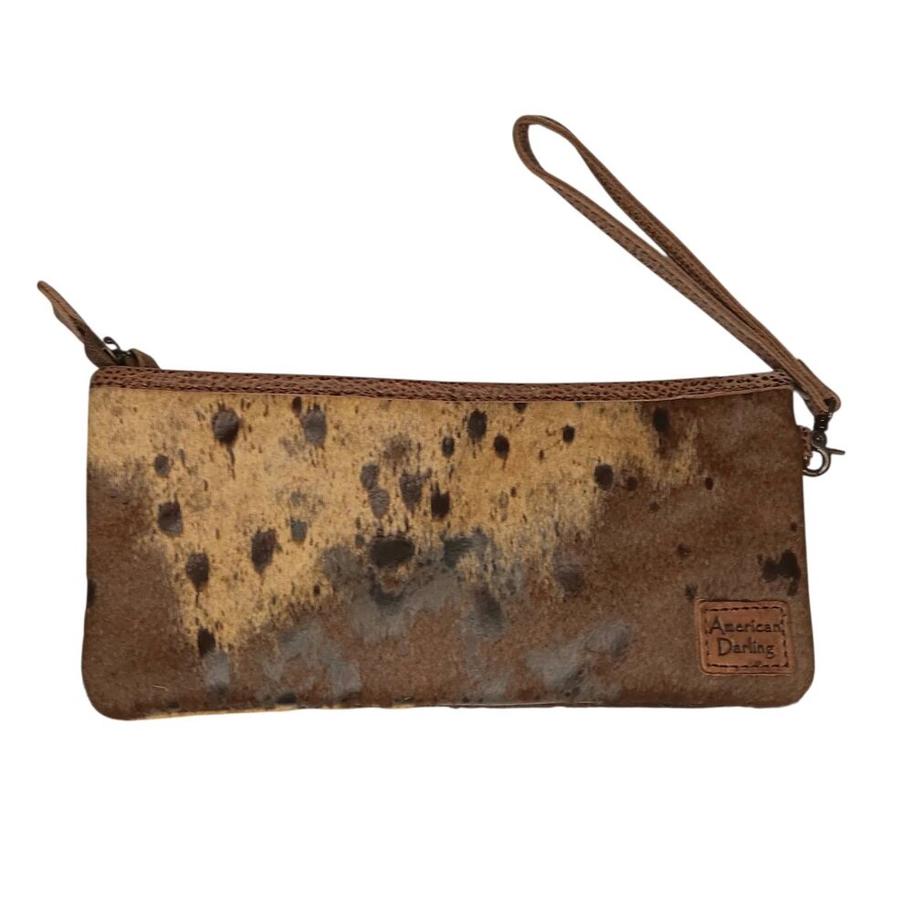 American Darling Brown Hair On Hide Leather Clutch Wristlet Brown Yellow 10 X 5